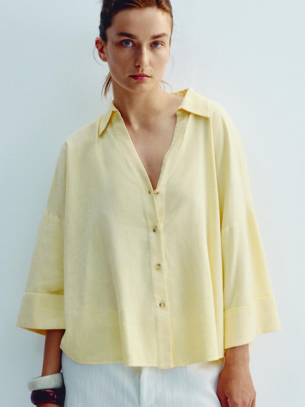 Zara Pale Yellow Relaxed Button-Down Shirt
